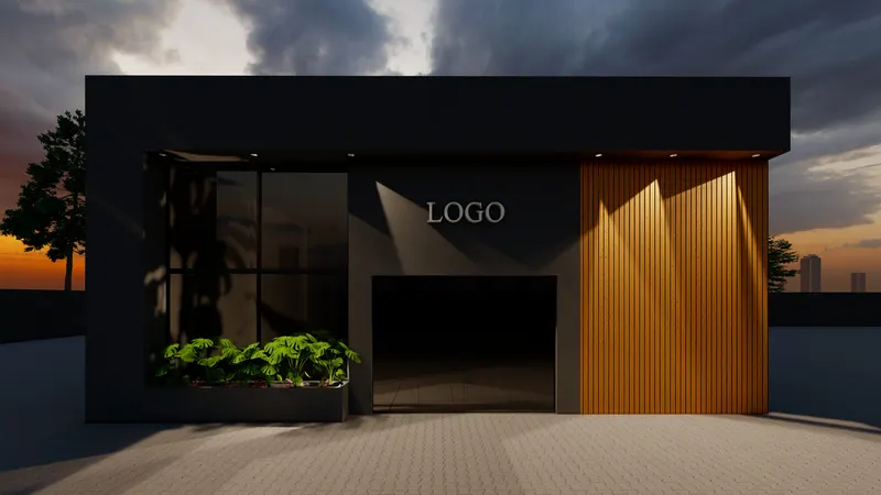Fachada comercial com vidro e madeira ao pôr do sol