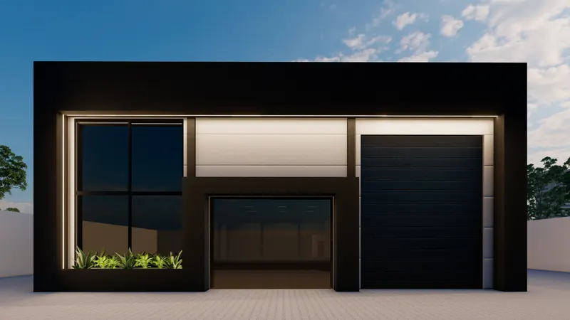 Fachada comercial escura com portão e iluminação