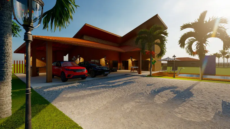 Casa rural com palmeiras e área de lazer