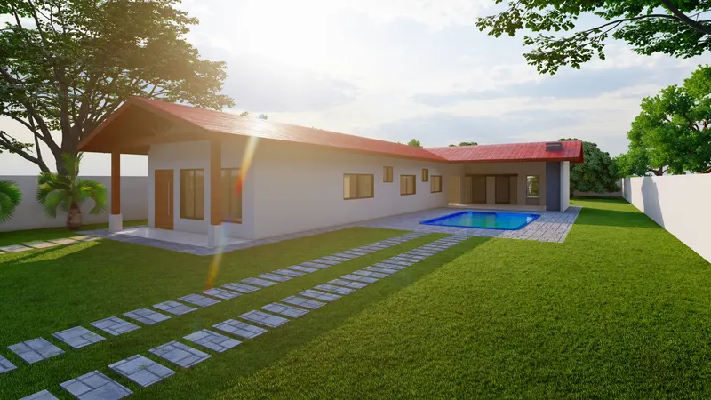 Casa térrea com telhado vermelho e piscina