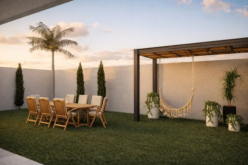 Área externa com pergola e paisagismo